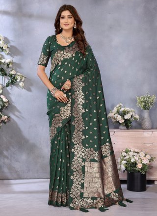 Green Banarasi Silk Jacquard and Weaving Work Trendy Saree