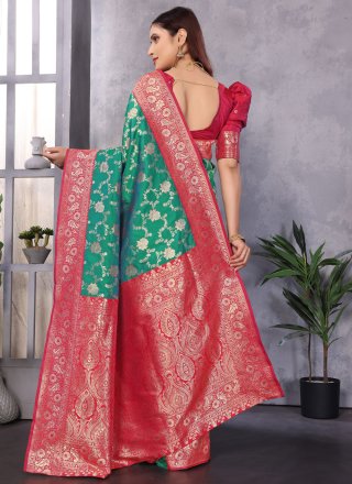 Green Banarasi Silk Weaving Work Contemporary Sari