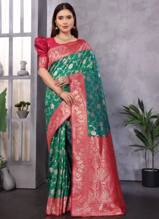 Green Banarasi Silk Weaving Work Contemporary Sari