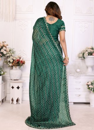 Green Bandhej, Lace and Print Work Chiffon Contemporary Sari