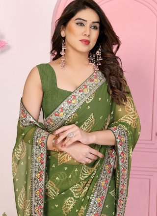 Green Banglori Silk Bandhej, Patch Border, Embroidered, Print and Zari Work Designer Saree for Casual