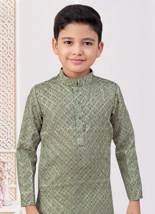 Green Banglori Silk Kurta Pyjama with Digital Print and Embroidered Work for Kid