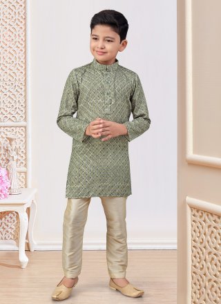 Green Banglori Silk Kurta Pyjama with Digital Print and Embroidered Work for Kid