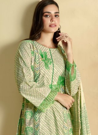Green Beads, Digital Print, Embroidered, Resham and Sequins Work Cotton Lawn Salwar Suit