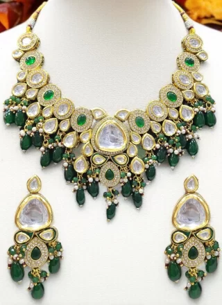 Green Beads, Moti and Stone Work Necklace Set