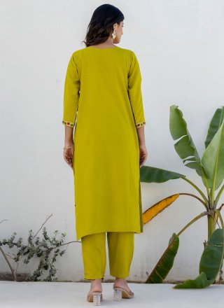 Green Blended Cotton Embroidered Work Salwar Suit for Casual