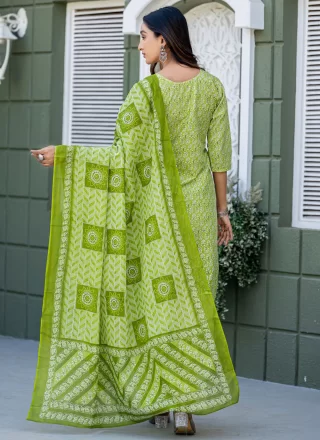 Green Blended Cotton Print Work Salwar Suit