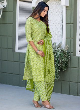 Green Blended Cotton Print Work Salwar Suit