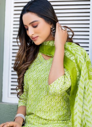 Green Blended Cotton Print Work Salwar Suit