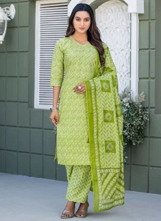 Green Blended Cotton Print Work Salwar Suit