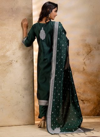 Green Blended Cotton Salwar Suit with Jacquard and Weaving Work