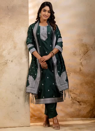 Green Blended Cotton Salwar Suit with Jacquard and Weaving Work