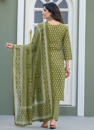 Green Blended Cotton Salwar Suit with Print Work for Casual