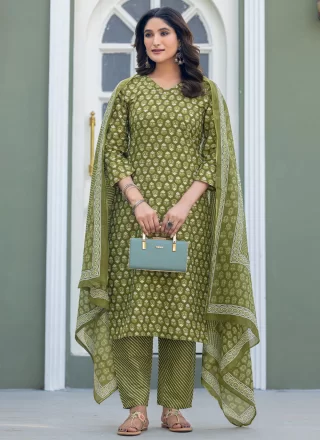 Green Blended Cotton Salwar Suit with Print Work for Casual