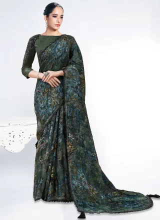 Green Brasso Classic Sari with Patch Border, Embroidered and Foliage Print Work