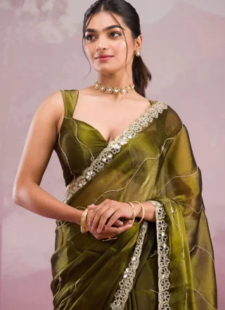 Green Burburry Cut, Embroidered, Mirror and Zari Work Contemporary Saree