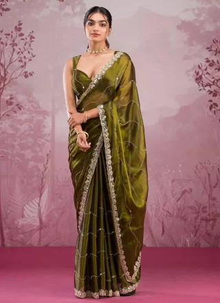 Green Burburry Cut, Embroidered, Mirror and Zari Work Contemporary Saree
