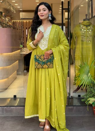 Green Chanderi Embroidered and Mirror Work Readymade Salwar Suit