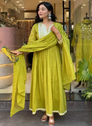 Green Chanderi Embroidered and Mirror Work Readymade Salwar Suit