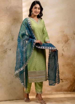 Green Chanderi Silk Pakistani Salwar Suit with Embroidered Work for Ceremonial