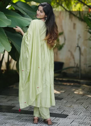 Green Chanderi Silk Pant Style Suit with Mirror and Patch Border Work