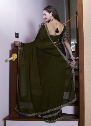 Green Chiffon Classic Sari with Hand and Lace Work