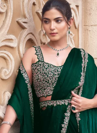 Green Chiffon Contemporary Saree with Fancy, Moti, Sequins, Stone and Thread Work