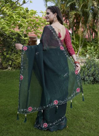 Green Chiffon Contemporary Sari with Diamond and Hand Work for Ceremonial