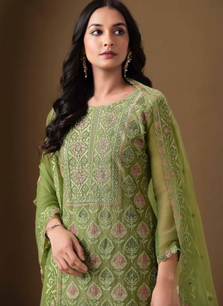Green Chiffon Embroidered, Lucknowi Work, Sequins and Stone Work Salwar Suit