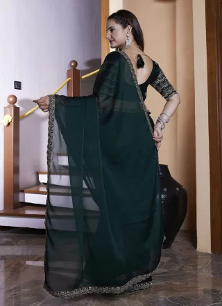 Green Chiffon Hand and Lace Work Trendy Saree