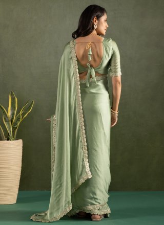 Green Chiffon Patch Border Work Classic Saree