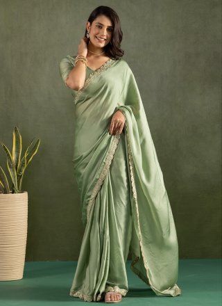 Green Chiffon Patch Border Work Classic Saree