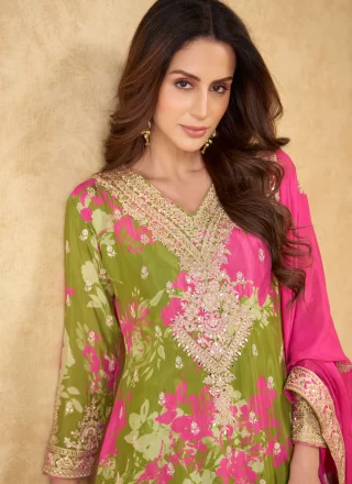 Green Chinon Digital Print, Embroidered, Mirror, Sequins and Zari Work Salwar Suit