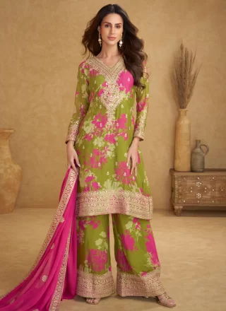 Green Chinon Digital Print, Embroidered, Mirror, Sequins and Zari Work Salwar Suit