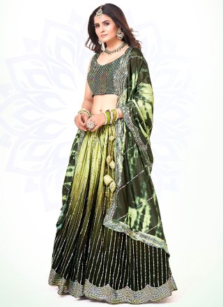 Green Chinon Embroidered and Sequins Work Lehenga Choli for Ceremonial