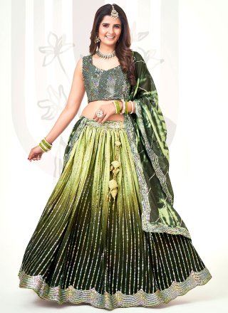 Green Chinon Embroidered and Sequins Work Lehenga Choli for Ceremonial