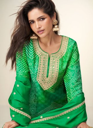 Green Chinon Embroidered, Print and Zari Work Sharara Set