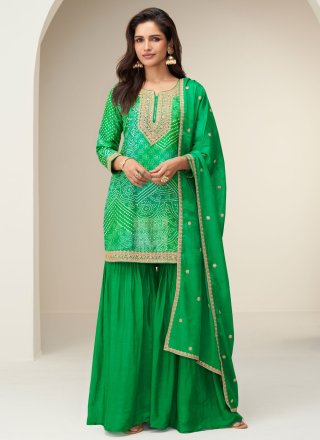 Green Chinon Embroidered, Print and Zari Work Sharara Set