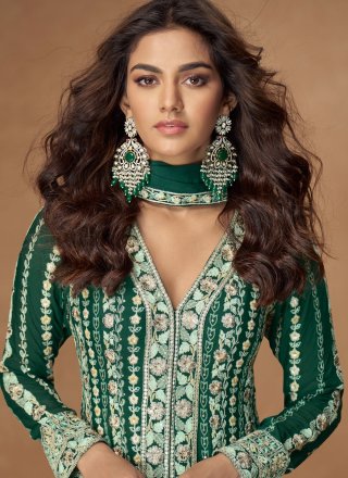 Green Chinon Embroidered, Sequins and Zari Work Floor Length Salwar Suit