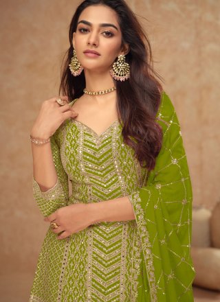 Green Chinon Embroidered, Sequins and Zari Work Readymade Salwar Suit