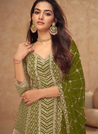 Green Chinon Embroidered, Sequins and Zari Work Readymade Salwar Suit for Ceremonial