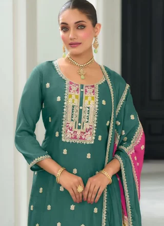 Green Chinon Embroidered Work Readymade Salwar Suit