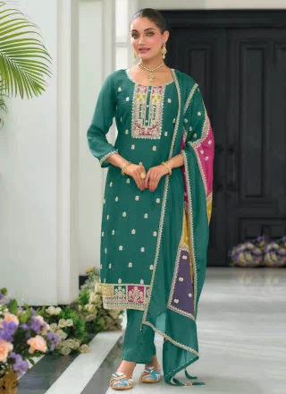 Green Chinon Embroidered Work Readymade Salwar Suit