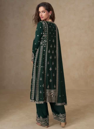 Green Chinon Embroidered Work Readymade Salwar Suit for Mehndi Colour