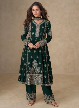 Green Chinon Embroidered Work Readymade Salwar Suit for Mehndi Colour