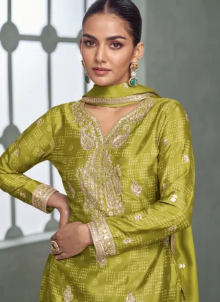 Green Chinon Palazzo Salwar Suit with Embroidered, Print, Sequins and Zari Work