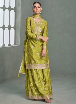 Green Chinon Palazzo Salwar Suit with Embroidered, Print, Sequins and Zari Work
