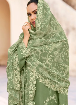 Green Chinon Palazzo Salwar Suit with Embroidered Work for Ceremonial