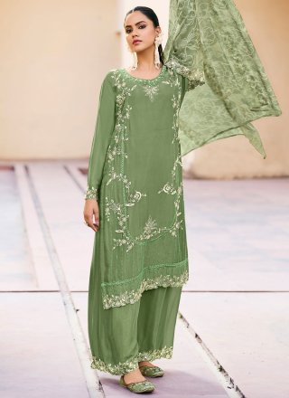 Green Chinon Palazzo Salwar Suit with Embroidered Work for Ceremonial