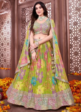 Green Chinon Readymade Lehenga Choli
